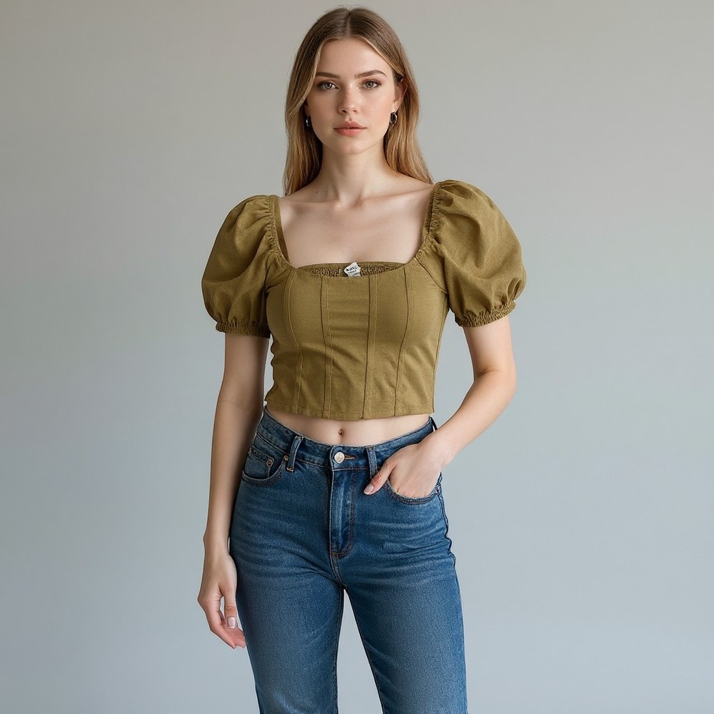 Kirious Puff Sleeve Smocked Corset Crop Top Womens Medium Tan Excellent